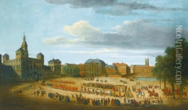 View Of Horse Guards Parade, London, With A Royal Procession Oil Painting - John Paul