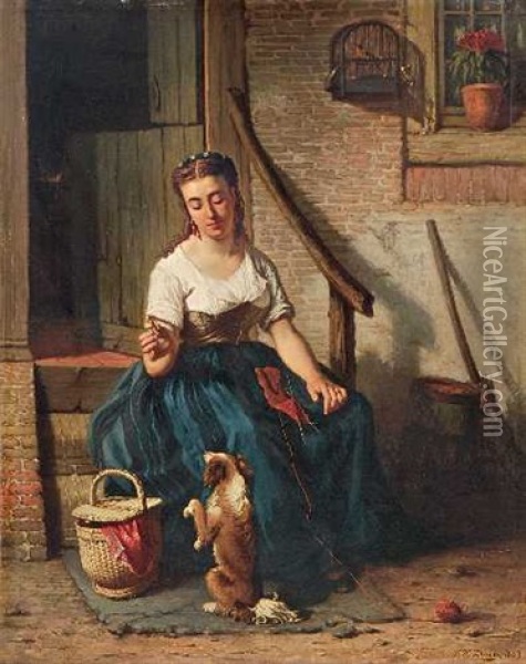 Junge Frau Mit Strickzeug, Einen Kleinen Hund Futternd Oil Painting - Frederik Willem Zurcher