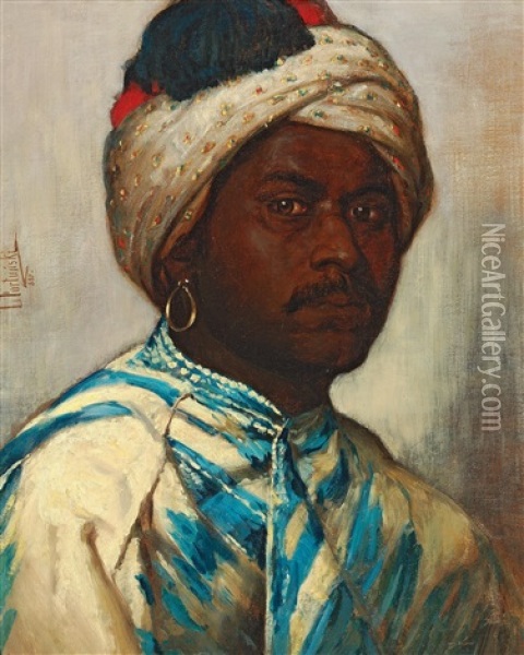 An Oriental Man With Turban Oil Painting - Leon Fortunski