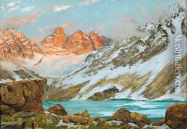 Pics De Belledonne - Glacier De Freydane, Lac Blanc Ou Lac Absinthe Oil Painting - Edouard Brun