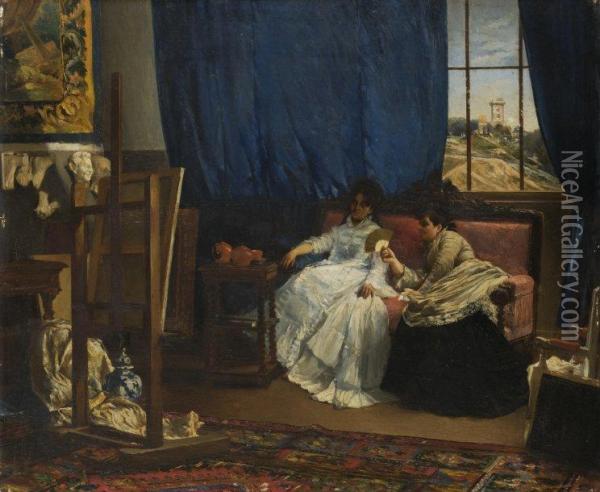 Deux Femmes Assises, Regardant Un Tableau Dans Un Atelier Oil Painting - Federico Corchon y Diaque