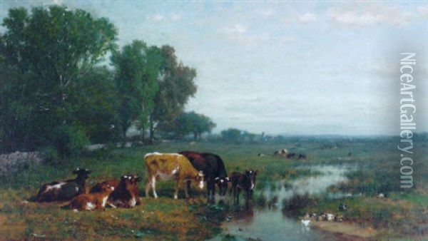 Cattle & Ducks In A River Landscape Oil Painting - James McDougal Hart