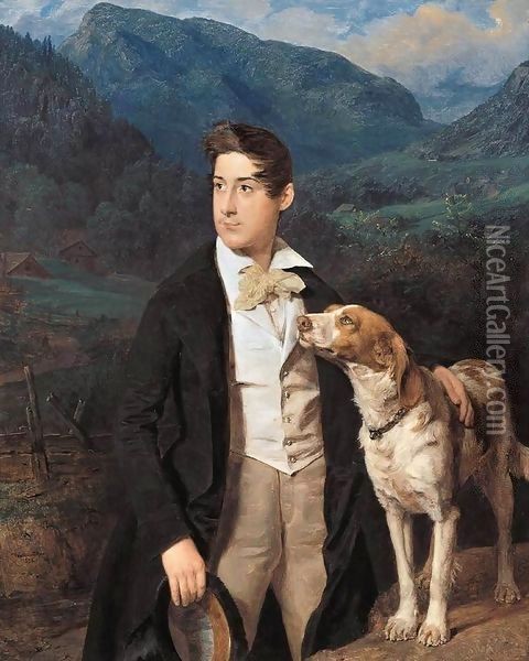 Waldmuller's Son Ferdinand with Dog Oil Painting - Ferdinand Georg Waldmuller