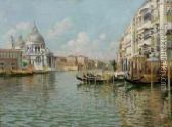 Veduta Del Canal Grande Con La Basilica Della Salute. Oil Painting - Raffaele Tafuri