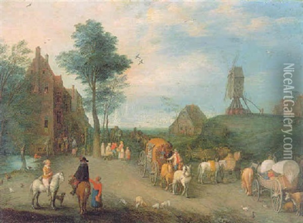 A Village Landscape With Riders In The Foreground, A Coach On A Road, Horses And Carts By A Roadside, A Windmill On A Hill Beyond Oil Painting - Joseph van Bredael