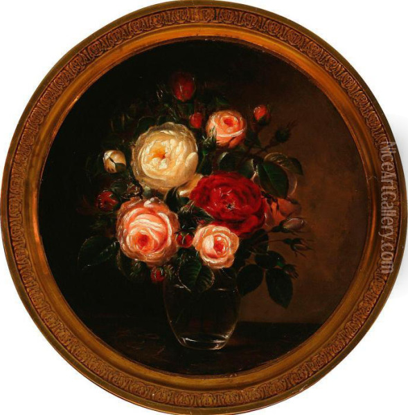 Rose Bouquet In A Vase On A Table Oil Painting - I.L. Jensen