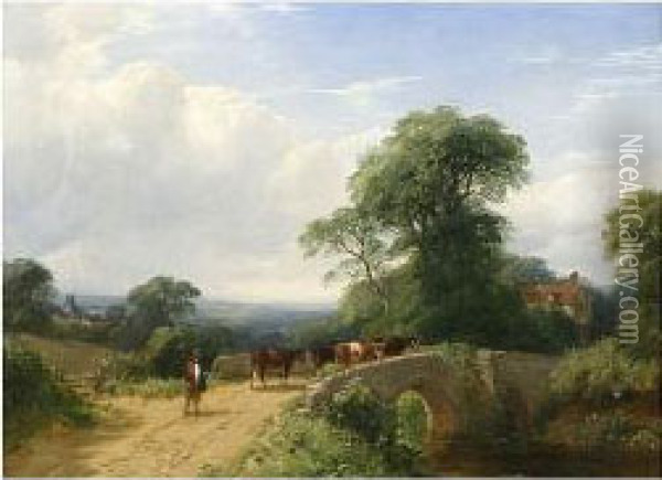 Cows Being Driven Across Stone Bridge Oil Painting - Henry Jutsum