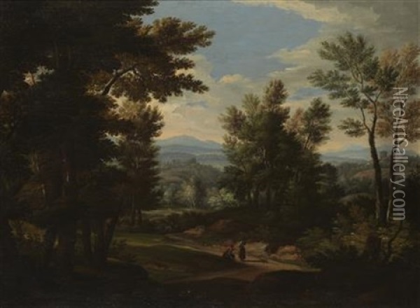 A Wooded Classical Landscape With Figures On A Path Oil Painting - Jan Frans van Bloemen