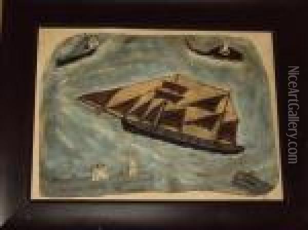 Ships In A Harbour By A Lighthouse, Together With Another Similar Oil Painting - Alfred Wallis