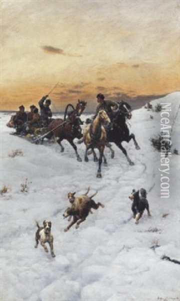 Figures In A Horse Drawn Sleigh In A Winter Landscape Oil Painting - Bohdan von Kleczynski