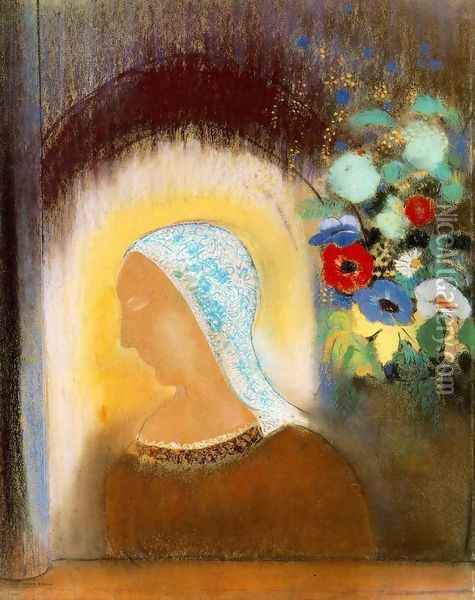 Profile And Flowers Oil Painting - Odilon Redon