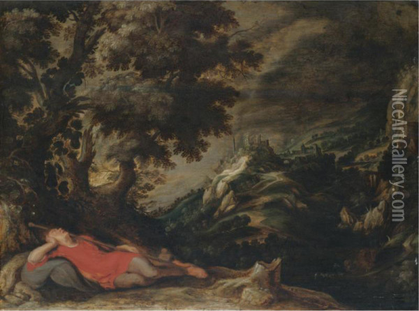 A Hillly Landscape With A Figure Resting In The Foreground, Possibly Jacob's Dream Oil Painting - Kerstiaen De Keuninck The Elder