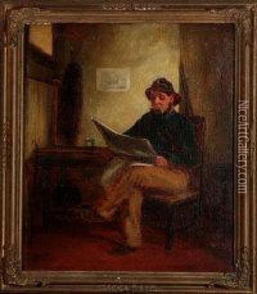 A Fisherman Seated In His Cottage Reading A Newspaper Oil Painting - C Calcott