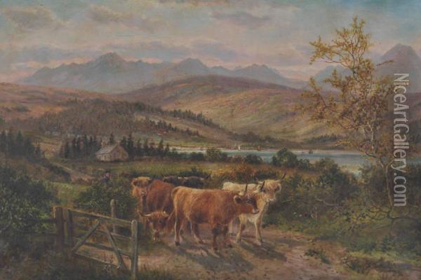 Scottish Harvest Landscape Toward A Lake Oil Painting - Albert Dunnington