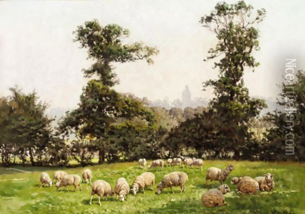 Sheep Grazing In A Field Oil Painting - William Baptiste Baird