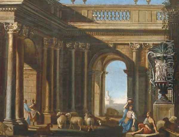 An architectural capriccio with figures conversing by a classical Roman vase Oil Painting - Domenico (Micco Spadaro) Gargiulo