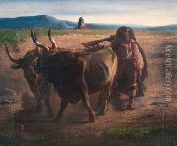 Due Bufali Con Buttero Nella Campagna Romana Oil Painting - Antoine Joseph Bourlard