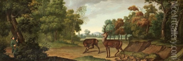 Landskap Med Jagare (+ Another; Pair) Oil Painting - Johann Elias Ridinger