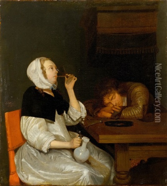 A Drinking Couple In An Interior Oil Painting - Gerard ter Borch the Younger