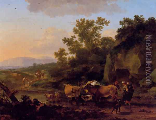 Crossing The Ford Oil Painting - Nicolaes Berchem