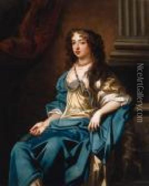 Portrait Of The Marchioness Of 
Halifax, Three-quarter-length, In Ayellow Dress And Blue Shawl, Holding A
 Laurel Wreath, Seated By Aclassical Column Oil Painting - Sir Peter Lely