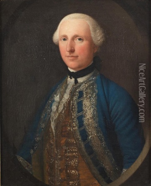 Portrait Of A Gentleman, Half-length, In A Blue Coat And Yellow Waistcoat, Within A Painted Oval Oil Painting - Allan Ramsay
