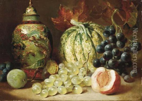 Grapes, A Gourd, A Peach And A Chinese Vase On A Table Oil Painting - William Duffield