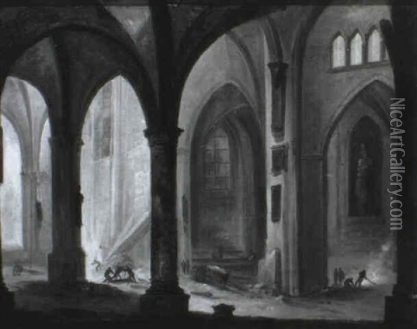 La Demolition D'une Eglise Gothique Oil Painting - Augustin de Saint-Aubin