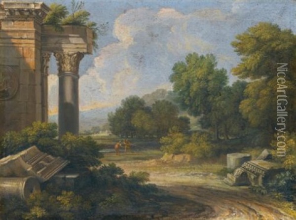 Roman Landscapes With Architectural Capricci (pair) Oil Painting - Gaspard Dughet