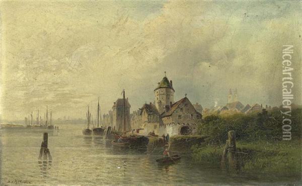 Stadtansicht Mit Einer Burg Am Meer. Oil Painting - Nicolai Von Astudin