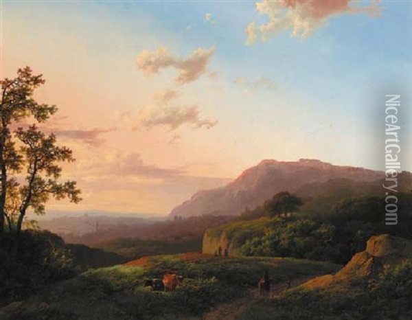 A Panoramic View Of A Rheinish Valley At Dusk Oil Painting - Marinus Adrianus Koekkoek