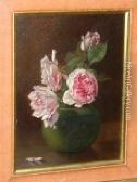 Pink Roses In A Green Vase, Signed And Dated 'claude Pratt 1908', Oil On Panel Oil Painting - Claude Pratt
