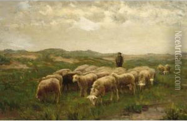 A Shepherd With His Flock In The Heathland Oil Painting - Fedor Van Kregten