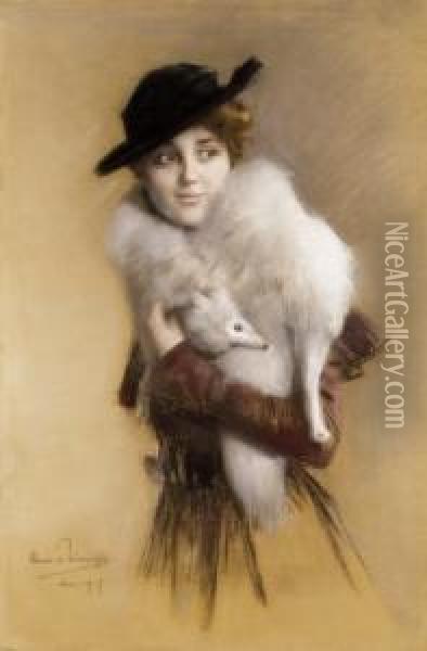 Lady In A Hat With Fur Collar Oil Painting - Clemens von Pausinger