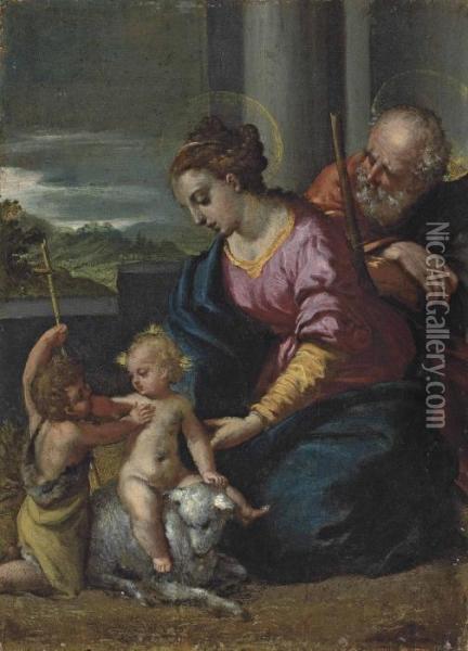 The Holy Family With The Infant Saint John The Baptist Oil Painting - Ippolito Scarsella (see Scarsellino)