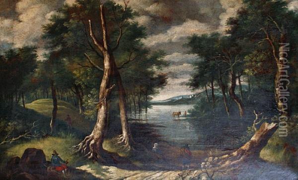 Figures In A Wooded Landscape Oil Painting - Jacob Van Ruisdael