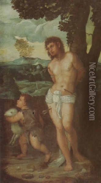 Der Heilige Sebastian Und Johannes Der Taufer Als Knabe Vor Einer Landschaft Oil Painting - Francesco Vecellio