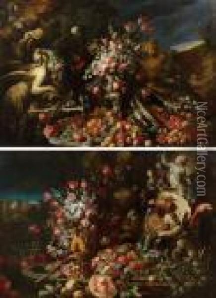 Natura Morta Di Fiori E Frutta Con Figure Femminili Oil Painting - Abraham Brueghel