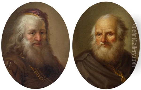 Pair Of Works: Portraits Of Bearded Men Oil Painting - Christian Wilhelm Ernst Dietrich