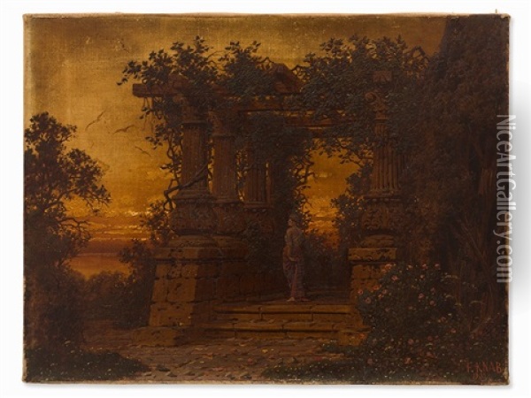 Temple Ruin At Sunset Oil Painting - Ferdinand Knab