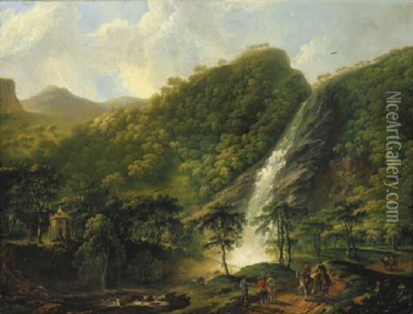 View Of Powerscourt Waterfall, With The Octagonal Summerhouse, And Figures And Horses In The Foreground Oil Painting - George Barret