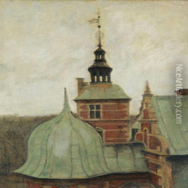 View Over The Roof-tops Of Frederiksborg Castle, Denmark Oil Painting - Svend Hammershoi