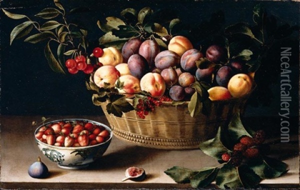 Still Life With A Basket Of Plums, Peaches, Cherries And Redcurrants, Together With Fraises-de-bois In A Porcelain Bowl, Figs And Mulberries On A Wooden Ledge Oil Painting - Louise Moillon