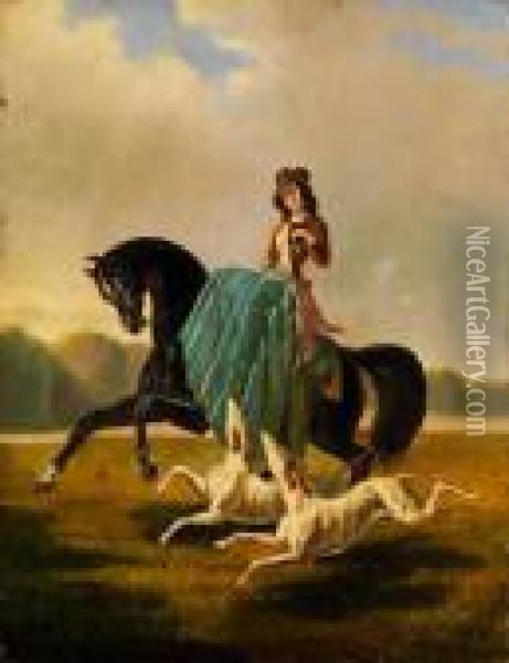 Elegante Reiterin Mit Windhunden Inweiter Landschaft Oil Painting - Alfred De Dreux
