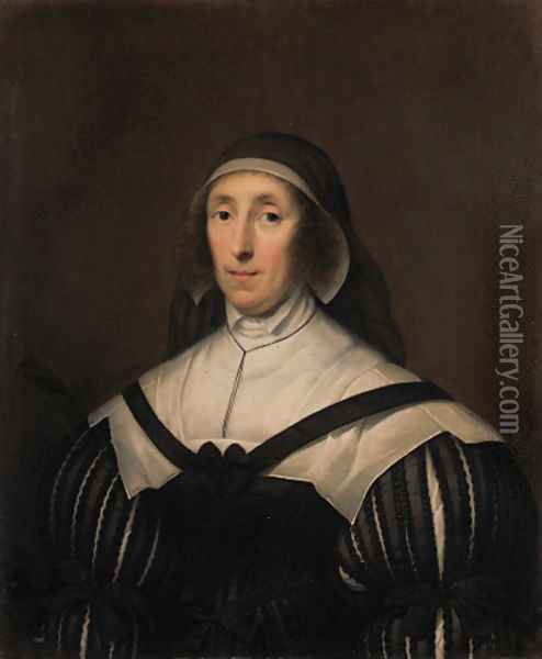 Portrait of Lady Palmer, half-length, in a black dress with a white collar Oil Painting - Cornelius Jonson