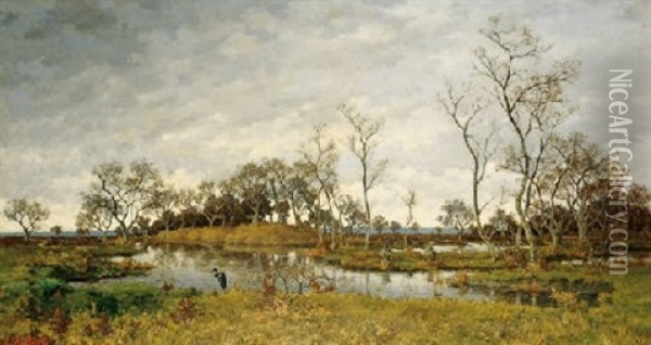 Paysage De Marais Au Heron Oil Painting - Eugene Plasky