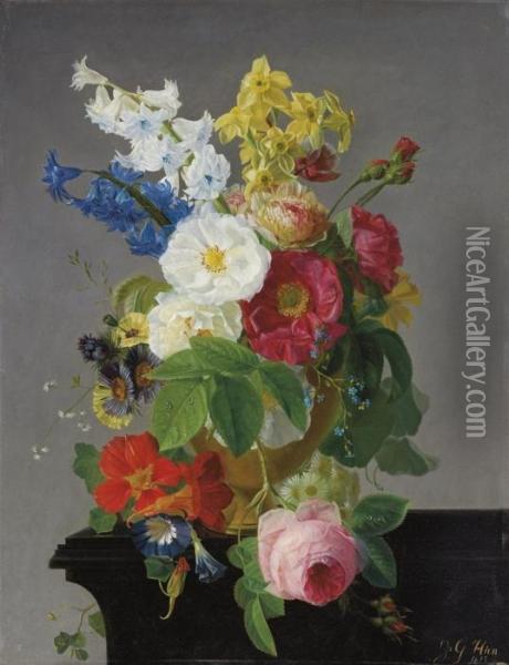 Camelias, Narcissi, Morning Glory, A Rose And Other Flowers In A Gold Urn On A Wooden Ledge Oil Painting - Jean Georges Hirn