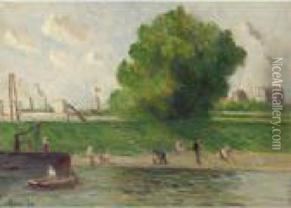 Banlieue Parisienne, Bord De La Seine Oil Painting - Maximilien Luce