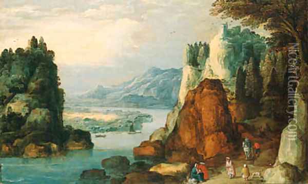 An Alpine landscape with travellers and gypsies on a path Oil Painting - Josse de Momper