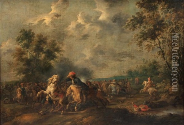 Combat De Cavaliers En Lisiere De Foret Oil Painting - Pieter Meulener